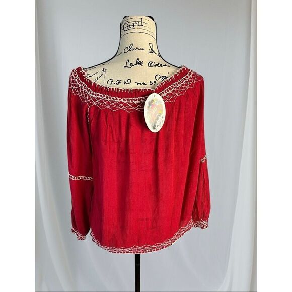 Brand New Magazine Boutique Women's Size Large Red Boho Blouse Embroidered - Picture 10 of 10